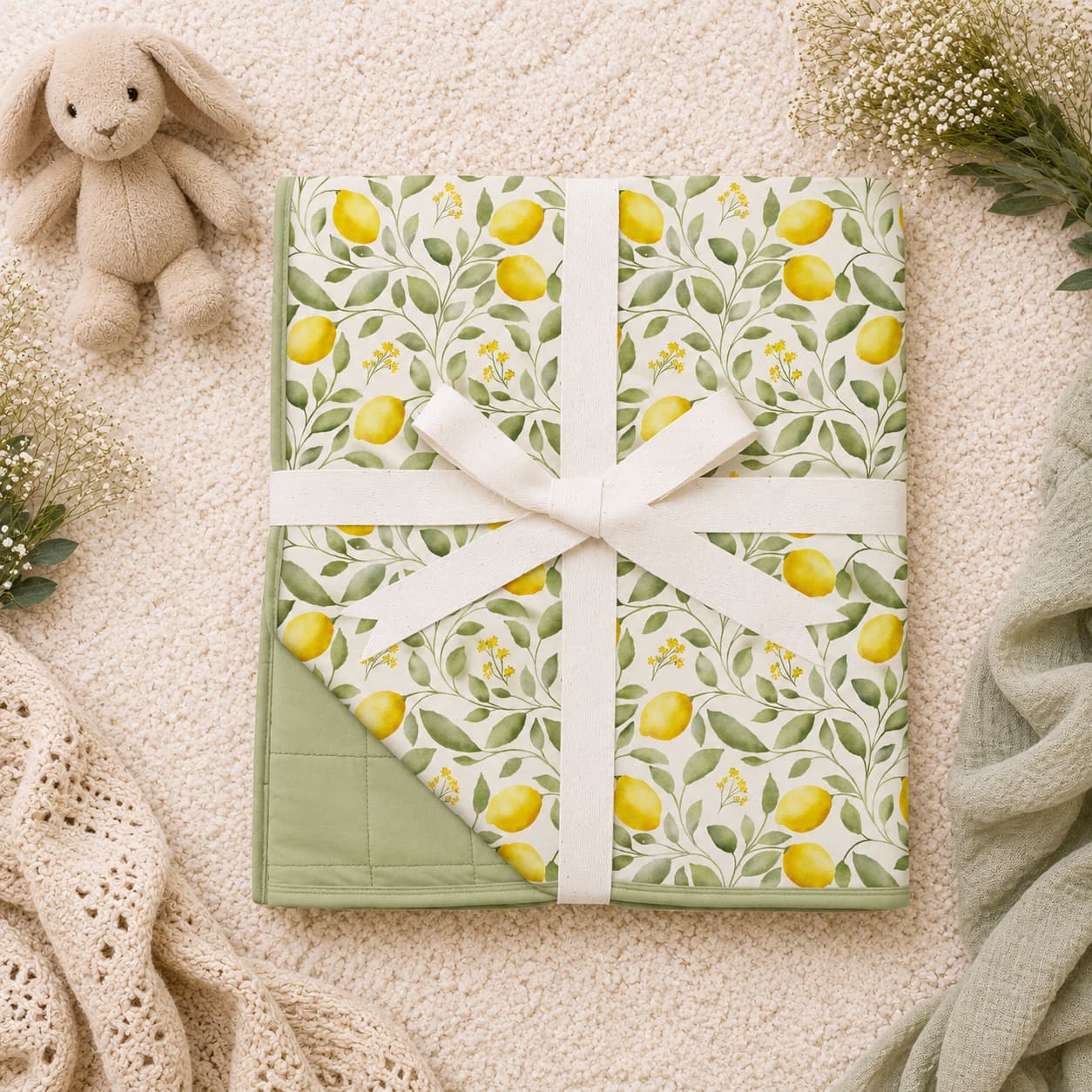 Toddler bamboo blanket in watercolor lemon pattern. Soft bamboo blanket with quilted side.